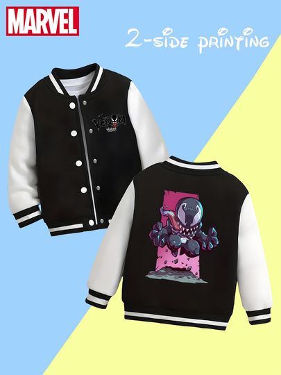 Marvel Boys' Baseball Jacket - Cute Venom Print, Double-sided Pattern, Comfortable Fabric, Black and White, Fashionable f