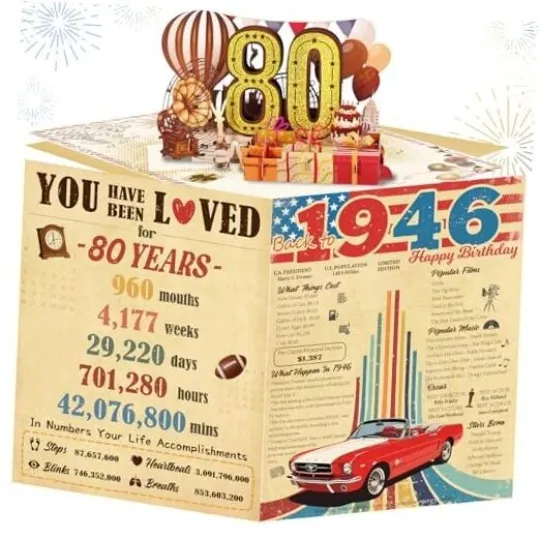 Discover 3D Pop Up Birthday Card for Women Men, Funny Birthday Decorations 80th Vintage