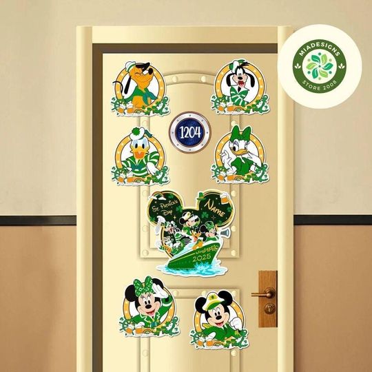 Personalized Mickey and Friends Happy St Patrick's Day Disney Cruise Magnet, All Characters Shamrock Lucky Family Cruise Ship Stateroom Door
