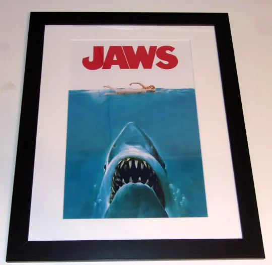 Discover Framed JAWS 50th Anniversary Classic Shark Poster 23"x20" Fathers Day Gift!