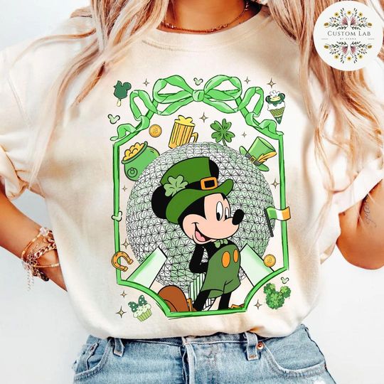 Discover Coquette Bow Mickey and Friends Disney Epcot Happy St Patricks Day Shirt, Lucky Shamrock Irish Gift, Shenanigans Family Saint Patrick Trip