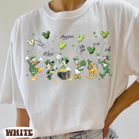 Discover Retro Mickey and Friends Balloons Shamrocks Watercolor T-shirt, Disney St. Patrick's Day Shirt, Lucky Pot Of Gold Tee, Disneyland Trip Tee