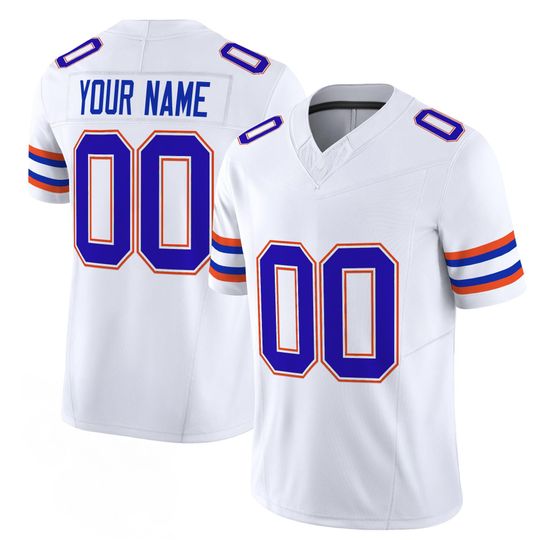 Florida Inspired White College Football Jersey Blue Orange Custom Name Number, Personalized Unisex Fan Shirt for Game Day Wear