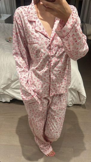 Discover Pink Heart Print Satin Pajama Set for Women, Valentine's Sleepwear