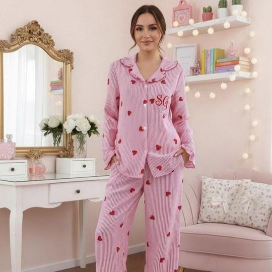 Discover Personalised Heart Pajama Set for Women, Valentines & Galentines Custom Initial Nightwear