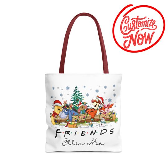 Discover Custom Name Winnie Pooh Christmas Tote Bag, Pooh Bear Friends Tote Bag, Winnie Friends Shoulder Bag for Christmas Gift, Holiday Bag Xmas