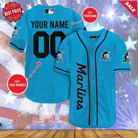 Discover Custom Marlins For Fan Made Baseball Jersey Print Light Blue