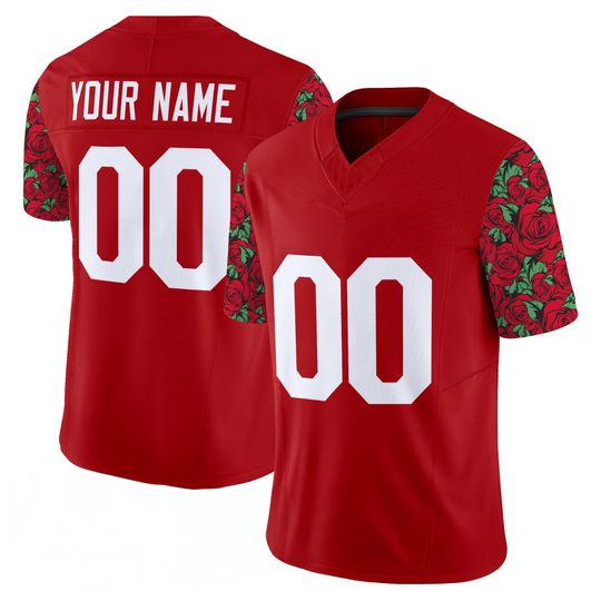 Discover Red Embroidered Football Jersey Custom Name Number Stitched Rose Sleeve Floral Gridiron Fan Shirt Gift