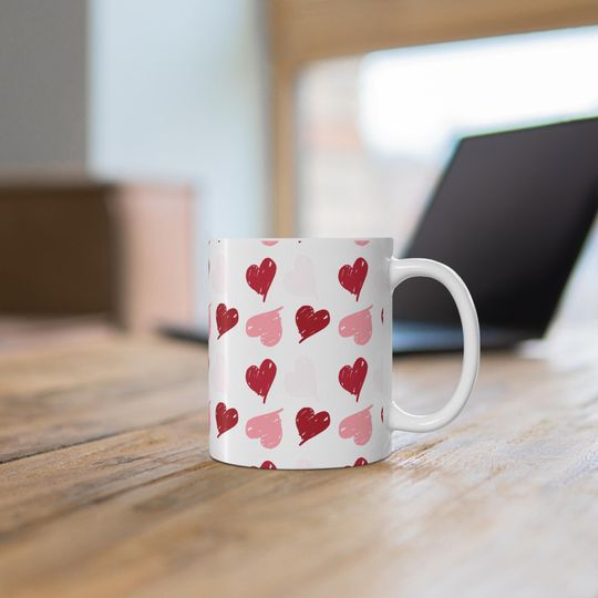 Discover Hand Drawn Hearts Mug - Valentine Pattern Ceramic Coffee Cup