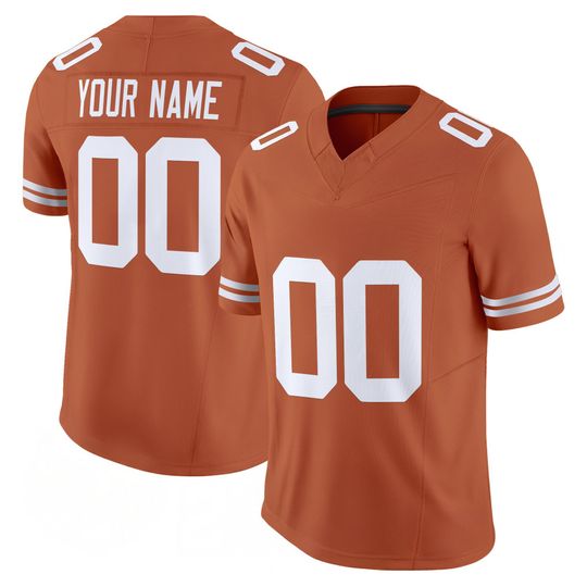 Discover Texas Embroidered Football Jersey, Personalized Name & Number, Burnt Orange Team Colors, Stitched Full Logo Style Design, Game Day Fan Shirt