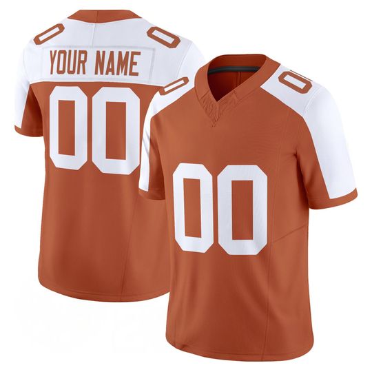 Discover Texas Embroidered Football Jersey, Personalized Name & Number, Burnt Orange White Team Colors, Stitched Full Logo Style, Game Day Fan Jersey