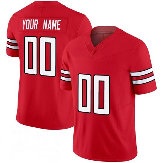 Discover Lubbock Style Red Collegiate Embroidered Full Logo Custom Football Jersey, Striped Sleeve Jersey Name Number, Personalized Game Day Fan Gift