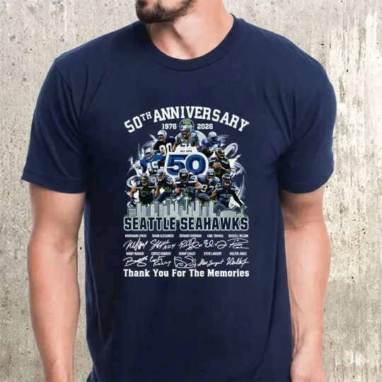Discover Seattle Seahawks 50th Anniversary 1976-2026 Thank You For Memories Signature Tee