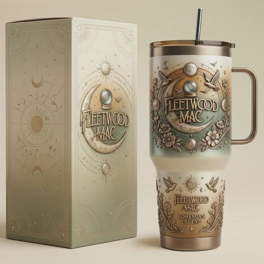 Fleetwood Mac 40oz Tumbler With Handle Bohemian Legend Insulated Cup Witchy Moon Art Gift Crystal Ball Travel Mug Stevie Nicks Fan