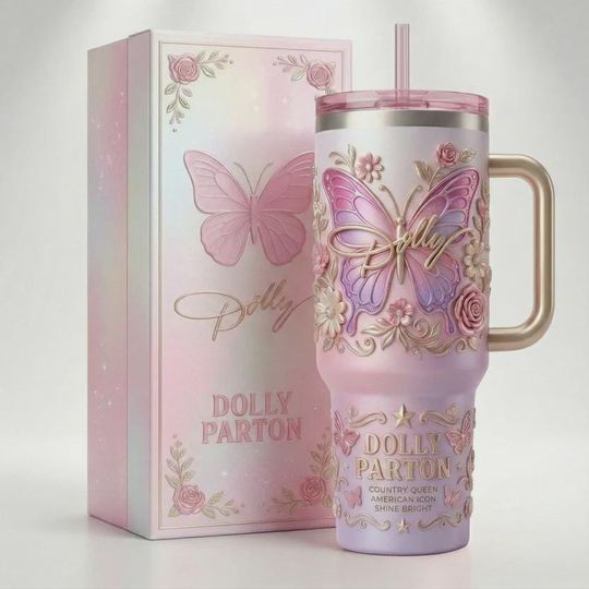 Discover Dolly Parton 40oz Tumbler With Handle Country Music Queen Insulated Cup Butterfly Art Gift Jolene Singer Travel Mug Pink Aesthetic Icon