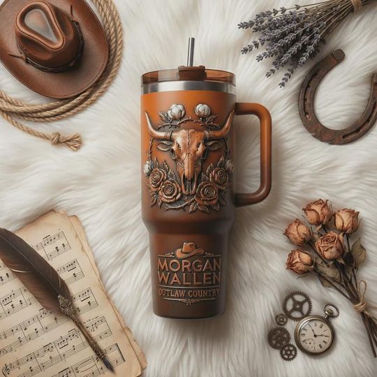 Wallen Western 40oz Tumbler With Handle Bull Skull Western Insulated Cup Country Music Fan Gift One Thing At A Time Travel Mug Rustic
