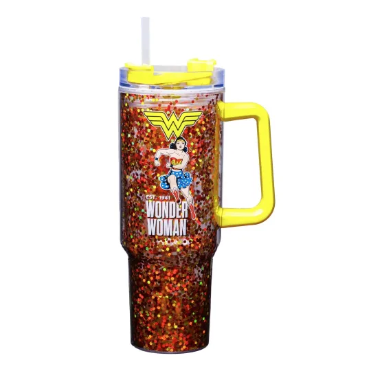 Discover Wonder Woman 40oz Acrylic Travel Mug, 11 Tall, Double Wall, Sliding Lid, Straw