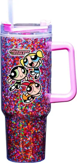 Discover Powerpuff Girls 20969 Acrylic Glitter Beverage Tumbler 40 oz w/ Handle Straw