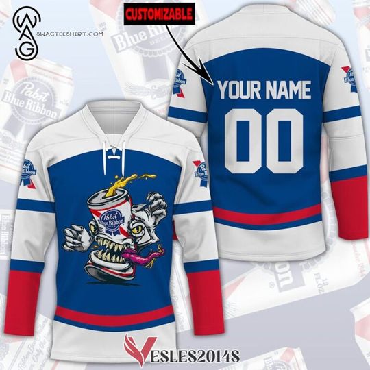 Custom Pabst Blue Ribbon Beer Full Print Hockey Jersey, Trending Gifts For Fans