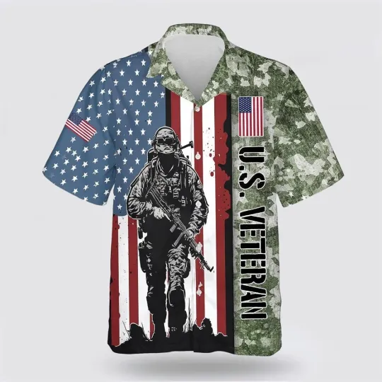 Discover Us Army Veteran American Flag Pattern Hawaiian Shirt, Gift For Military