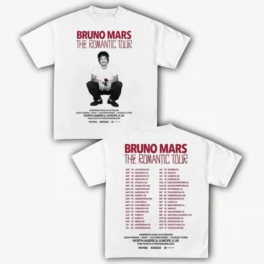 Discover Bruno Mars The Romantic Tour 2026 Shirt, Bruno Mars Concert Tee, Unisex Tour T S