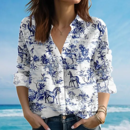Horse Print Toile Blouse Shirt for Women