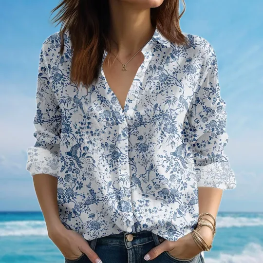 Discover Retro Bird Toile Blouse Shirt for Women