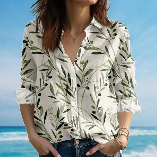 Discover Olive Branch Blouse Shirt, Vintage Nature Women Shirt