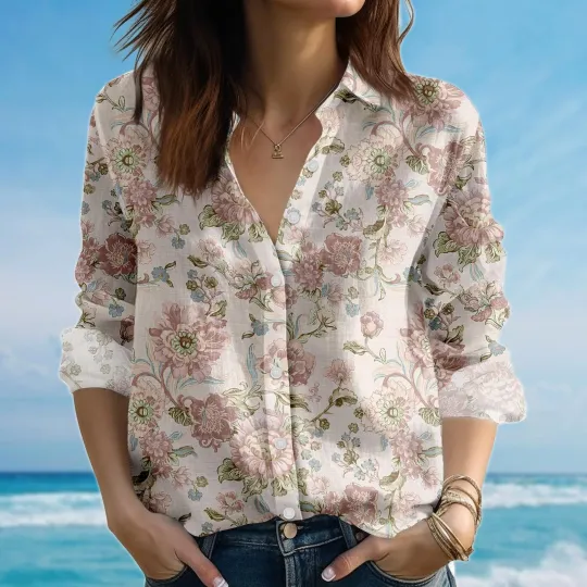 Discover Vintage Floral Blouse Shirt, Romantic Peony Women Shirts