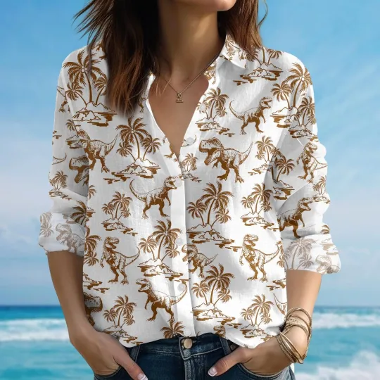Discover Trex Dinosaur Blouse Shirt, Tropical Jurassic Women Shirts