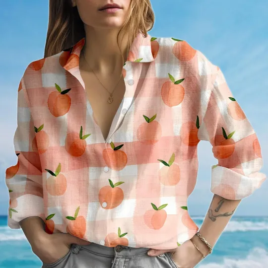 Peach Gingham Blouse Shirt, Fruits Women Shirts