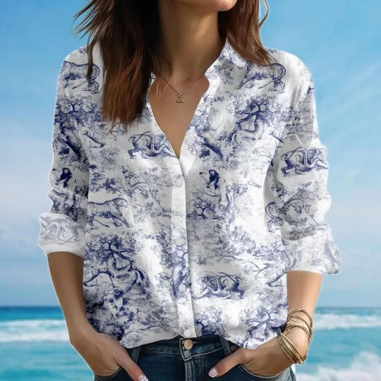 Discover Safari Toile Blouse Shirt, Jungle Animal Casual Shirts