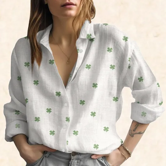 Discover Lucky Clover Blouse Shirt, Four Leaf Clover Shirt, Blouse Shirt for Women