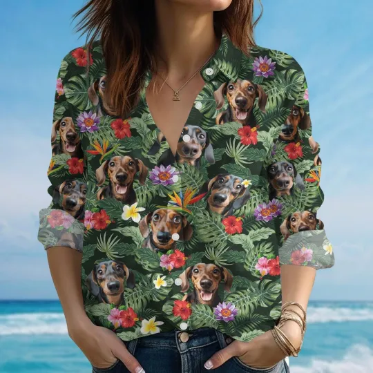 Discover Dachshund Blouse Shirt, Cute Wiener Dog Print Shirt For Women