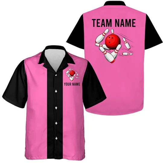 Discover Personalized Pink Black Retro Bowling Hawaiian Shirts Custom Team Bowling Hawaii