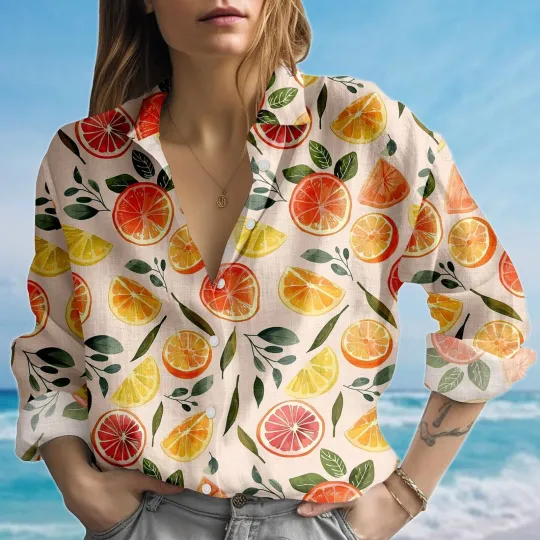 Discover Citrus Blouse Shirt, Fruit Blouse Shirt, Orange Lemon Grapefruit Print