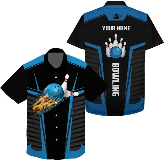 Discover Customize Hawaiian Bowling Shirts With Flame Bowling Balls And Pins Black Blue B