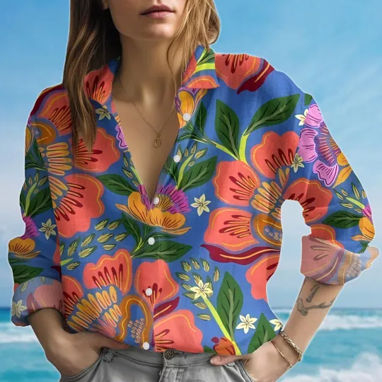 Discover Tropical Floral Blouse Shirt for Women, Bold Flower Print Blouse Shirts