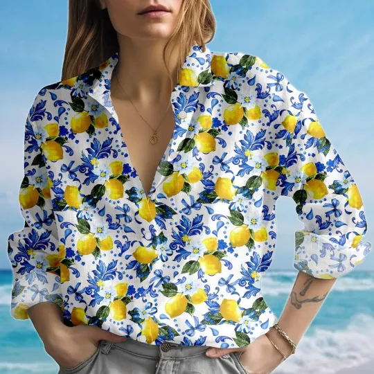 Lemon Floral Blouse Shirt, Mediterranean Women Shirt