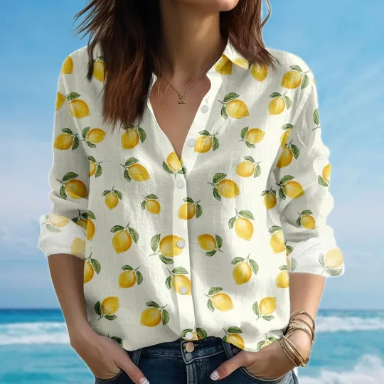 Lemon Blouse Shirt, Citrus Summer Shirt Fresh Fruit Shirt