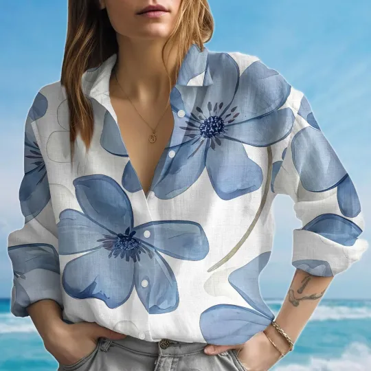 Discover Bold Blue Floral Blouse Shirt For Women Flower Button Down Blouse