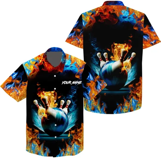 Discover Water fire background custom name Hawaiian bowling shirts for men bowling team s