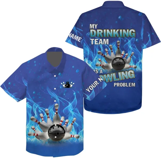 Discover Personalized Hawaiian Bowling Shirt Blue Flame Bowling Ball And Pins My Drinking