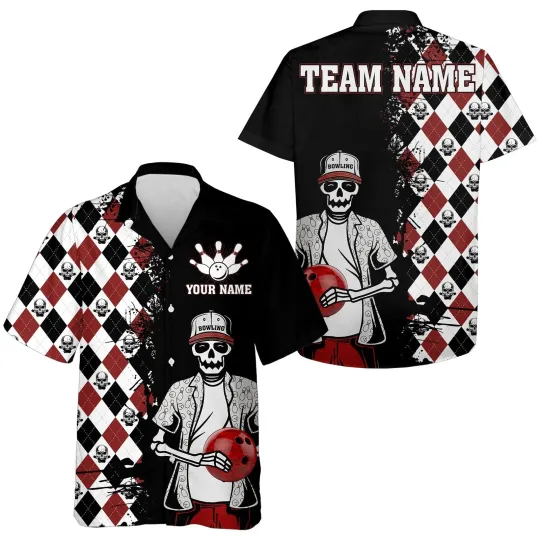 Discover Skull Hawaiian Bowling Shirt Men Women Personalized Name Argyle Bowling Pattern