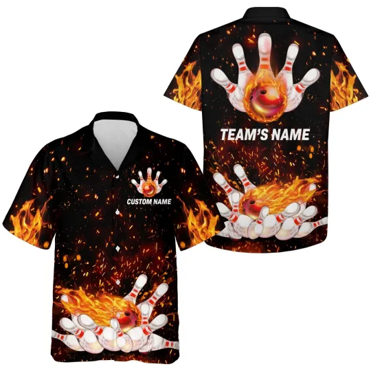 Discover Flame Hawaiian Bowling Shirt Personalized Team Bowlers Jersey Short Sleeve Butto