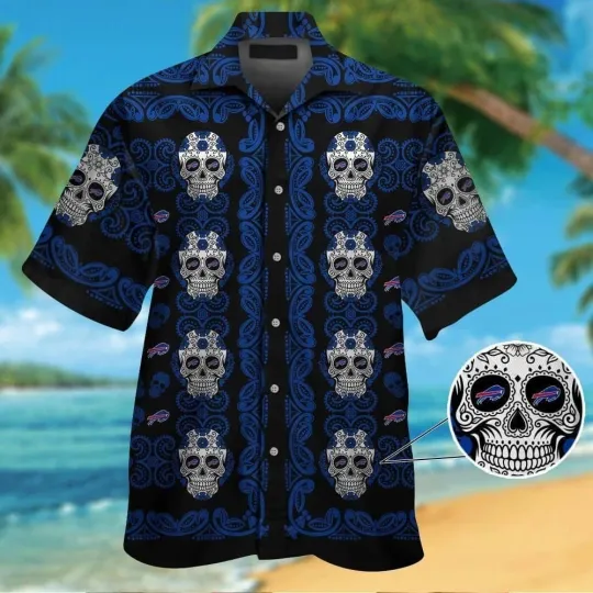 Discover Buffalo Billsskull Short Sleeve Button Up Tropical Hawaiian Shirt
