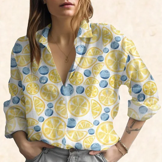 Discover Lemon Blueberry Blouse Fruit Print Summer Shirt