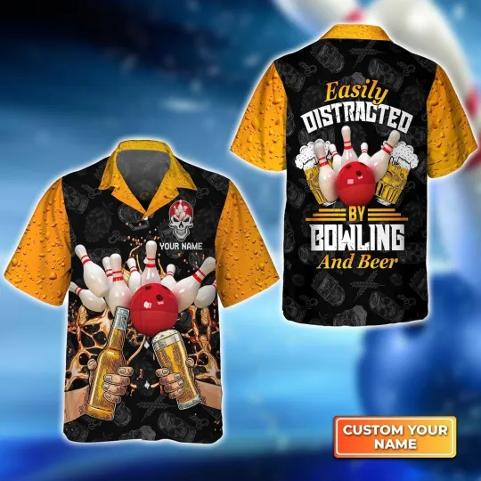Discover Easily Distracted By Bowling And Beer Personalized Name 3D Hawaiian Shirt HO3162