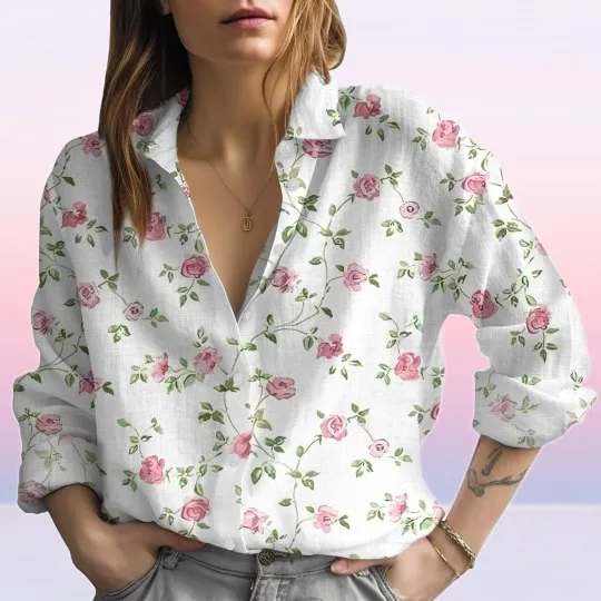Discover Roses Blouse Womens Floral Blouse Shirt, Vintage Flowers Women Shirts