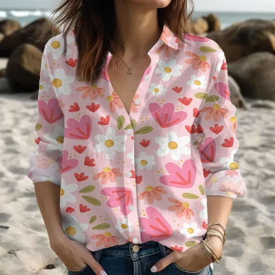 Discover Pink Floral Blouse Shirt For Women, Summer Blouse Button Up Shirt